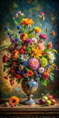 Wall Mural - colorful still life with vibrant flowers and foliage in a ornate vase