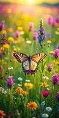 Wall Mural - A delicate butterfly with iridescent wings rests on a vibrant wildflower in a lush green meadow surrounded by tall grasses and colorful blooms