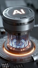 Poster - A futuristic looking object with the letters AI on it. The object is surrounded by a glowing orange light