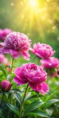 Wall Mural - Vibrant peonies blooming in a lush green garden with soft morning light filtering through the trees and delicate dew drops glistening on the petals