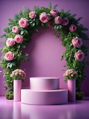 Wall Mural - pompidou-like podium with pink roses on purple background