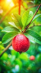 Wall Mural - Red guava fruit on a leafy branch with lush green foliage and vibrant tropical flowers in soft focus with bokeh effect