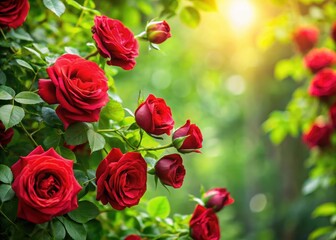 Wall Mural - Beautiful red roses intricately arranged on a vine with lush green foliage and delicate stems in a naturalistic setting