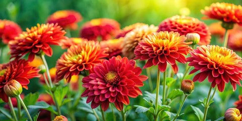Wall Mural - Vibrant red and yellow chrysanthemum flowers are in full bloom amidst lush green grass and colorful foliage in a serene garden setting