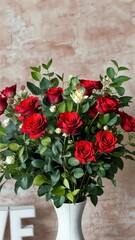Poster - A stunning display of vibrant red roses in a stylish vase, perfectly symbolizing love against a warm textured background