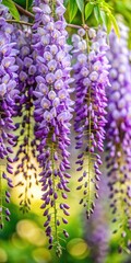 Wall Mural - A lush cluster of lavender wisteria cascading from the bottom left corner