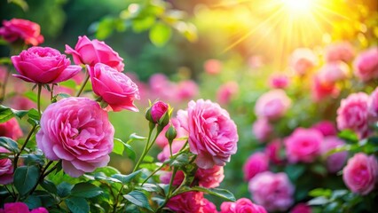 Wall Mural - vibrant pink roses blooming in a lush garden with greenery and sunlight filtering through