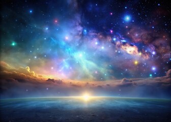 Wall Mural - Celestial expanse of iridescent mist suspended above a darkened landscape