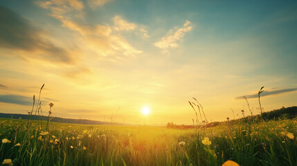 Wall Mural - green field and blue sky. field and clouds
