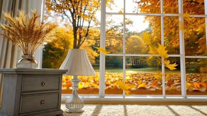 Poster - Enjoy the serene atmosphere of a well-decorated living space featuring autumn colors and a stunning view of fall foliage outside the window