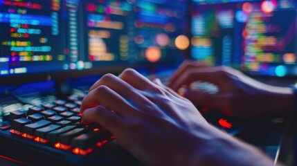 Poster - Hands on keyboard coding on a dark screen stock photo --ar 16:9 --raw --v 6 Job ID: 291a4992-059d-4221-abc2-be06c8aad2e9