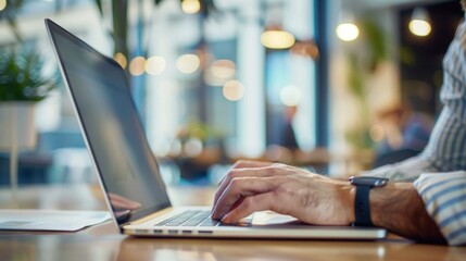 Poster - Person typing on laptop in a modern office stock photo --ar 16:9 --raw --v 6 Job ID: 25cf658a-4070-438e-a0b4-ff472a9d3f84