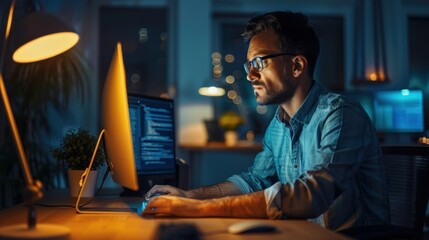 Poster - Person working late with computer light stock photo --ar 16:9 --raw --v 6 Job ID: 118dee60-6099-4774-9701-dfc88d189fb3