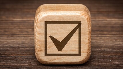 Poster - Wooden block featuring a prominent check mark signifying completion and approval in a minimalistic setting