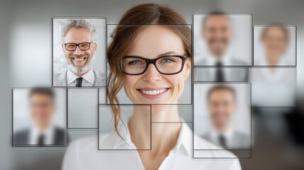 Poster - Smiling woman with glasses representing intelligence and collaboration in ai-driven business environment and teamwork