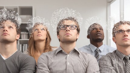 Poster - Group of people with their heads raised in a creative workspace reflecting collective ideas and brainstorming sessions