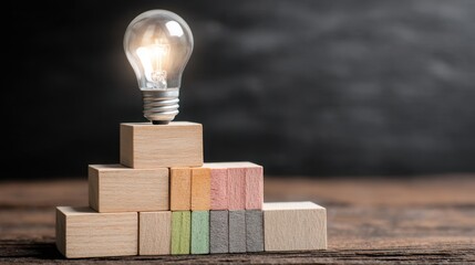 Poster - Single illuminated light bulb resting on a wooden block representing bright ideas and innovative thinking in business