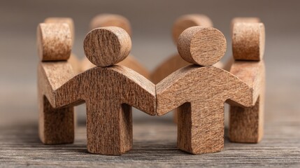 Poster - Wooden figure symbolizing partnership and collaboration with hands joined together in a business co-creation concept