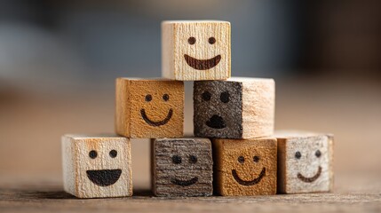 Poster - Stack of wooden blocks with faces illustrating emotions and interactions in a minimalist design for business culture