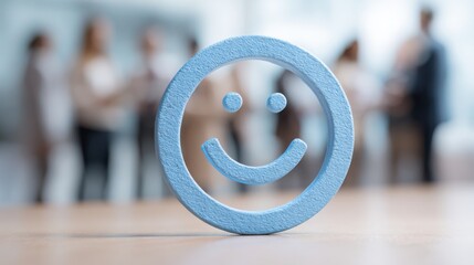 Poster - Blue smiley face in center surrounded by group of people representing collective joy in business concept