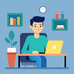 Fototapete - Young man working on a laptop at his desk in a modern office