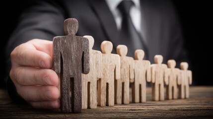 Poster - Individual holding a wooden figure representing business narrative tracker concept and storytelling visual framework