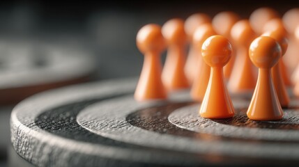 Poster - Group of orange pawn pawns representing strategic business opportunities scanned by radar technology visualization