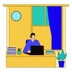 Fototapete - Person working on a laptop at a desk with books and a plant