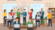 © Office Stock Pro - Flat design illustration of a corporate team brainstorming during a presentation in a modern office, ideal for marketing and web design projects, including landing pages, banners, and brochures.