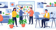 © Office Stock Pro - Modern business professionals collaborate and brainstorm ideas on a whiteboard in a vibrant office, depicted in a clean flat design illustration style.