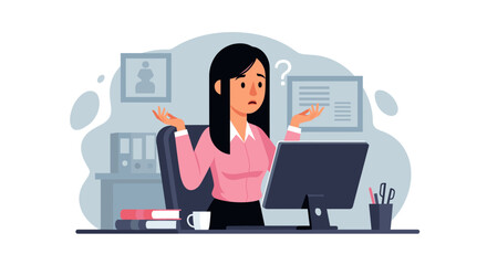 a confused businesswoman stands in front of her computer, surrounded by books and pens, seeking solu
