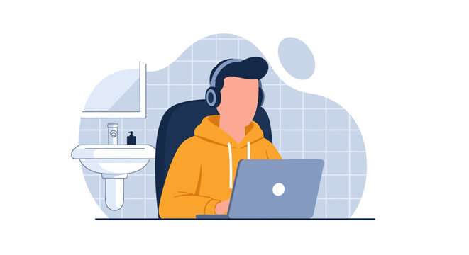 A modern flat design illustration portrays a young person with headphones diligently working on a laptop, perfect for web design and digital marketing concepts.