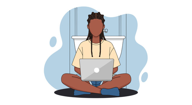 A young woman with long braids sits cross-legged on the floor, working on her laptop in a bathroom setting, illustrating modern work-from-anywhere concepts and remote lifestyle.