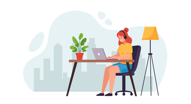 A vibrant illustration shows a woman working on a laptop at a desk, with a plant and cityscape in the background, representing modern work and web design.