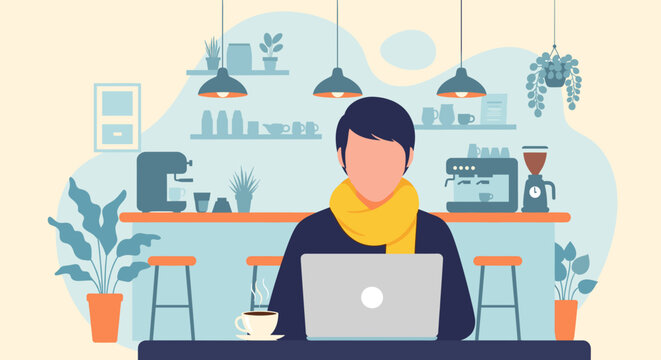 A person working on a laptop in a modern cafe with plants and coffee machines, ideal for web design and marketing.