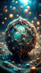 Poster - A glowing orb encased in a net like structure surrounded by floating spheres in a dreamlike setting