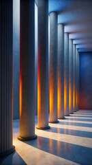 Poster - A row of tall columns with light shining through them creating shadows on the floor surface area