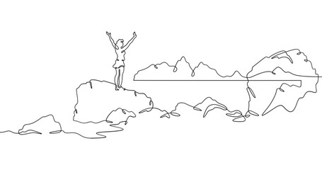 Fototapete - Continuous one line drawing  girl stands waving on a big rock on the seashore. Woman in short shorts on the seashore. Rocks and mountain by the sea. One continuous line isolated minimal illustration