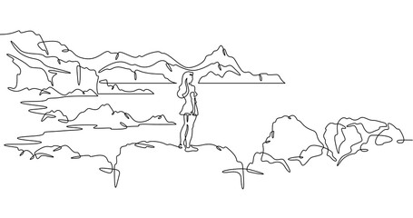 Fototapete - Continuous one line drawing  girl stands waving on a big rock on the seashore. Woman in short shorts on the seashore. Rocks and mountain by the sea. One continuous line isolated minimal illustration