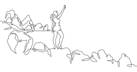 Fototapete - Continuous one line drawing  girl stands waving on a big rock on the seashore. Woman in short shorts on the seashore. Rocks and mountain by the sea. One continuous line isolated minimal illustration