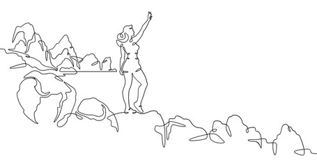 Fototapete - Continuous one line drawing  girl stands waving on a big rock on the seashore. Woman in short shorts on the seashore. Rocks and mountain by the sea. One continuous line isolated minimal illustration
