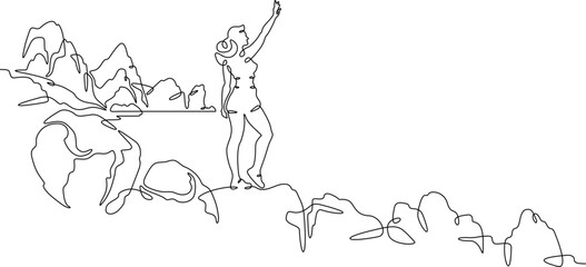 Fototapete - Continuous one line drawing  girl stands waving on a big rock on the seashore. Woman in short shorts on the seashore. Rocks and mountain by the sea. One continuous line isolated minimal illustration