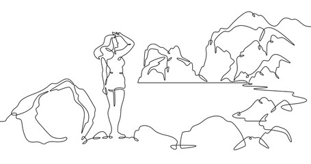 Fototapete - Continuous one line drawing  girl stands waving on a big rock on the seashore. Woman in short shorts on the seashore. Rocks and mountain by the sea. One continuous line isolated minimal illustration