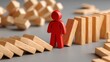 © Lightning - A red human figure stopping falling wooden dominoes, symbolizing risk management, preventing a chain reaction, ensuring business resilience, and demonstrating a problem-solving strategy.