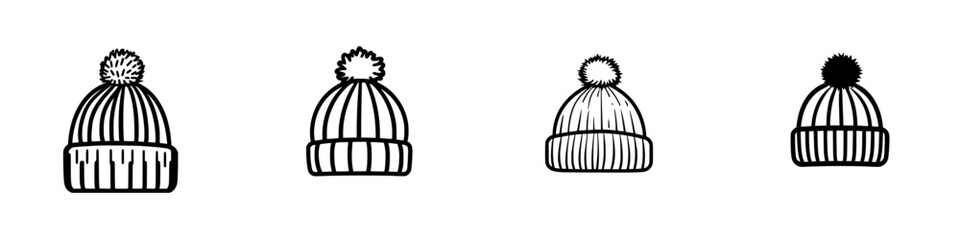 Poster - Stylish black hats with pom poms designed for winter fashion in a minimalist art style
