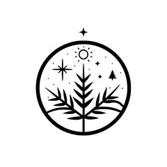 Poster - Nature-inspired black icon featuring a plant against a celestial background in a round shape