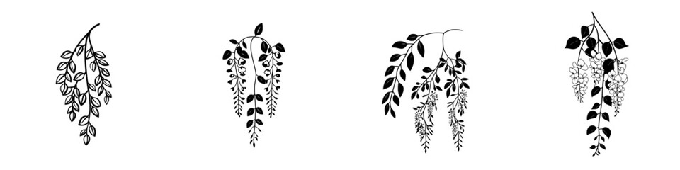 Poster - Collection of black botanical icons featuring vine-like designs with leaves and floral elements displayed vertically
