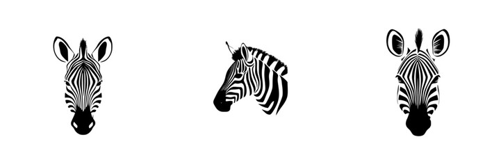 Poster - Black icon depicting the heads of zebras with distinct stripes and ears displayed side by side in a minimalistic style on a white background
