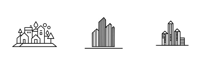 Poster - Black icon set showcasing different urban and rural buildings in a minimalist style for design and illustration purposes