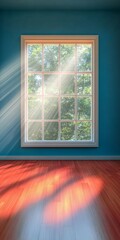 Poster - Sunlit Serenity A Pristine Blue Interior Showcasing Sleek Rustic Timbers Under Gentle Sunbeams